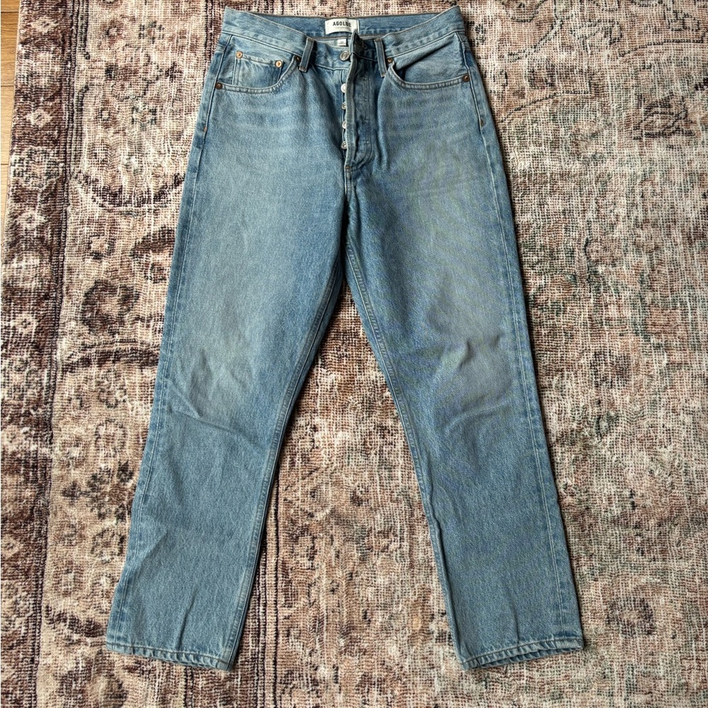 Agolde Women’s Riley High Rise Straight Light Blue Button-Fly Jeans